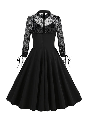 Preto Mangas Longas Renda Vestido Vintage